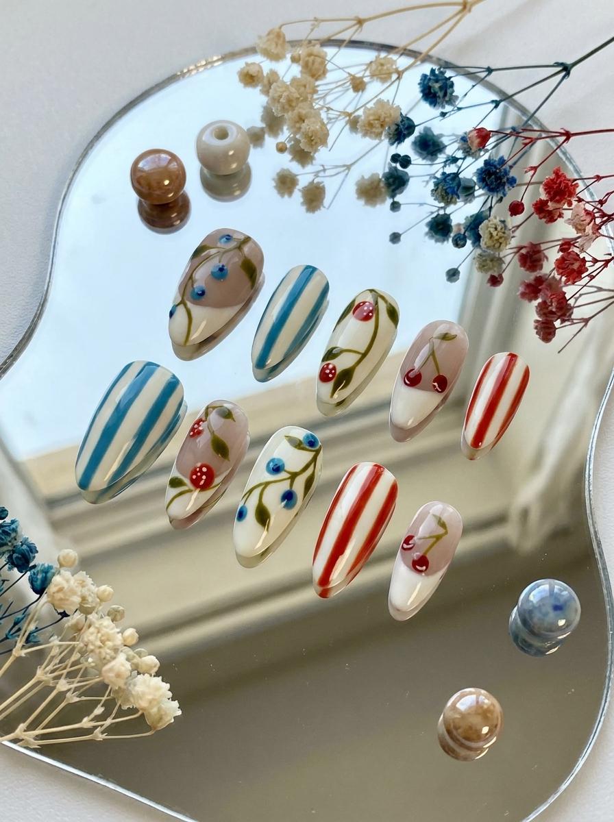 Summer Garden Fruit Press On Nails with Blue Berries, Cherries and Stripes