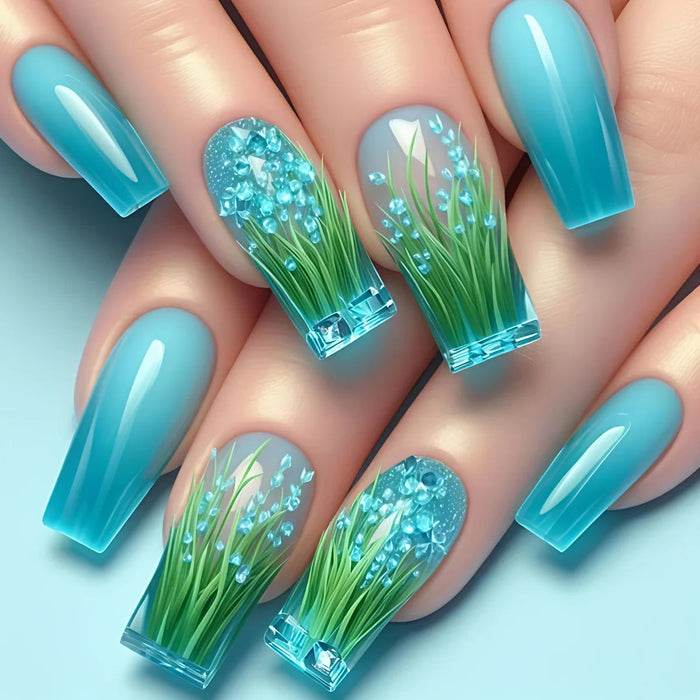 Summer Glossy Teal Seaweed Press-On Nail Set With Blue and Clear-Looking Gems