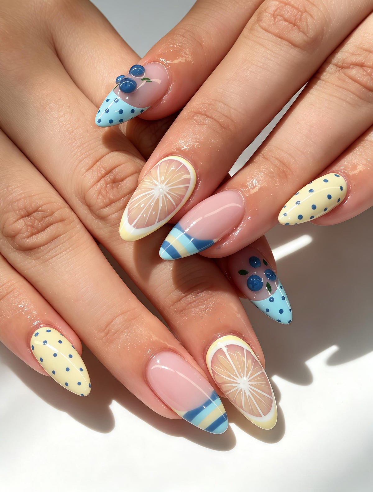 Summer Lemon And Blueberry Fruit Nail Set With Striped French Tips