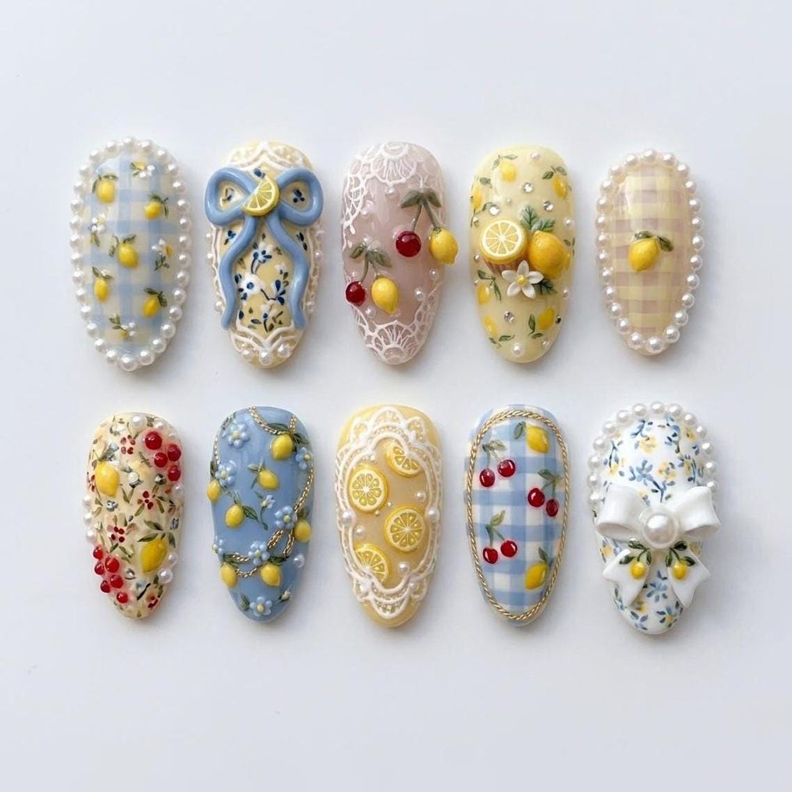Summer Lemon and Cherry Plaid Press On Nails with 3D Bows and Pearls