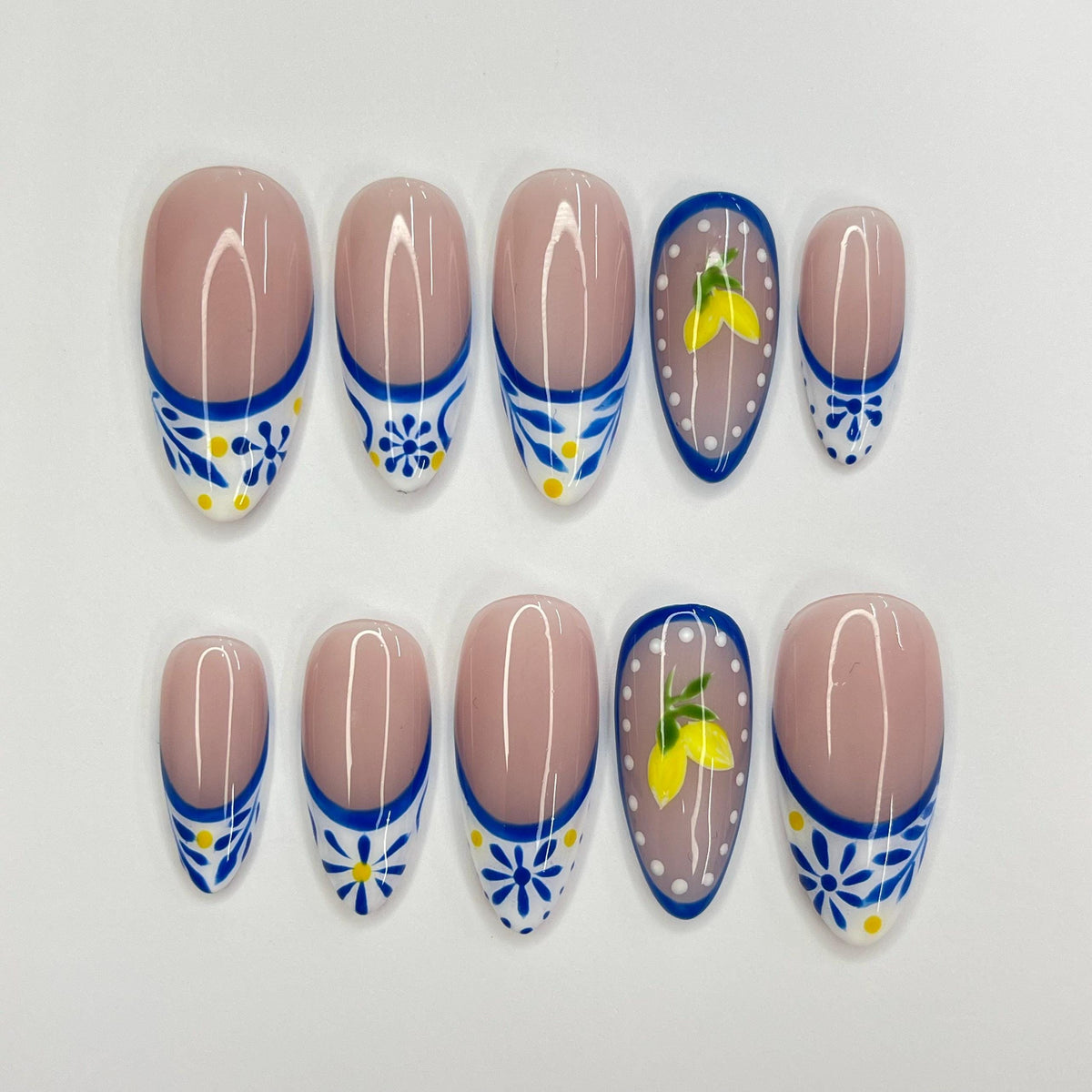 Summer Lemon French Tip Press-On Nails with Blue Flowers and Citrus Accents