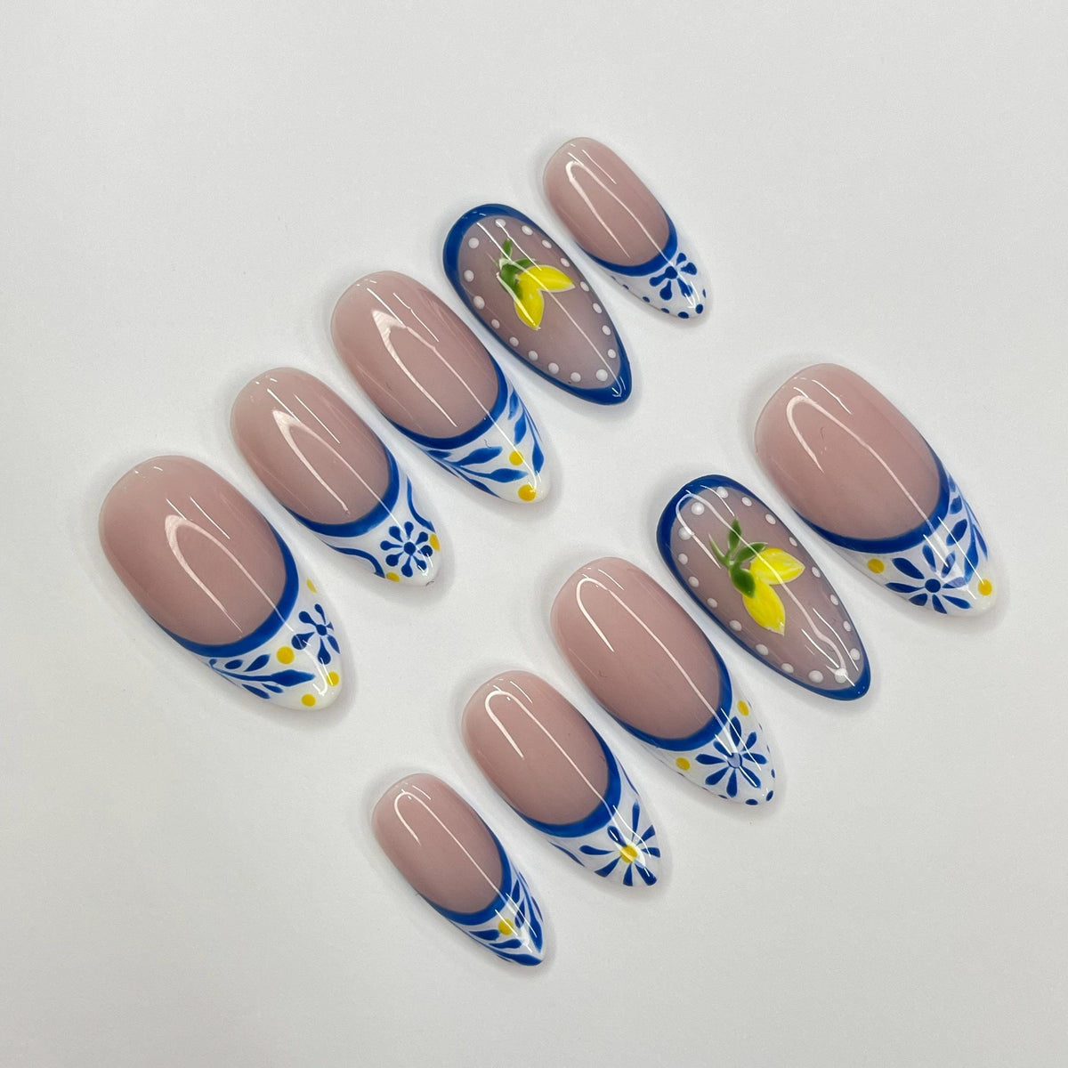 Summer Lemon French Tip Press-On Nails with Blue Flowers and Citrus Accents