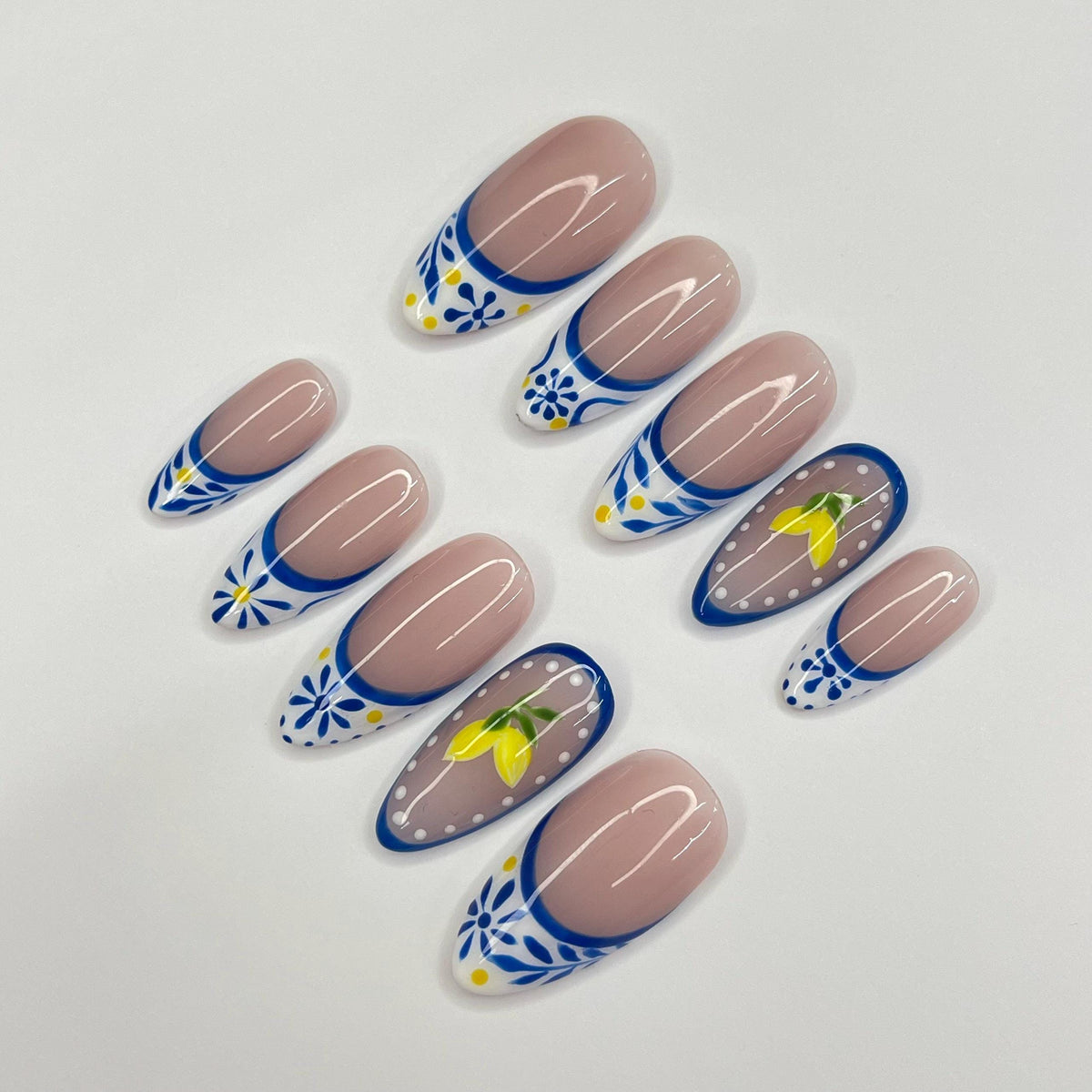 Summer Lemon French Tip Press-On Nails with Blue Flowers and Citrus Accents