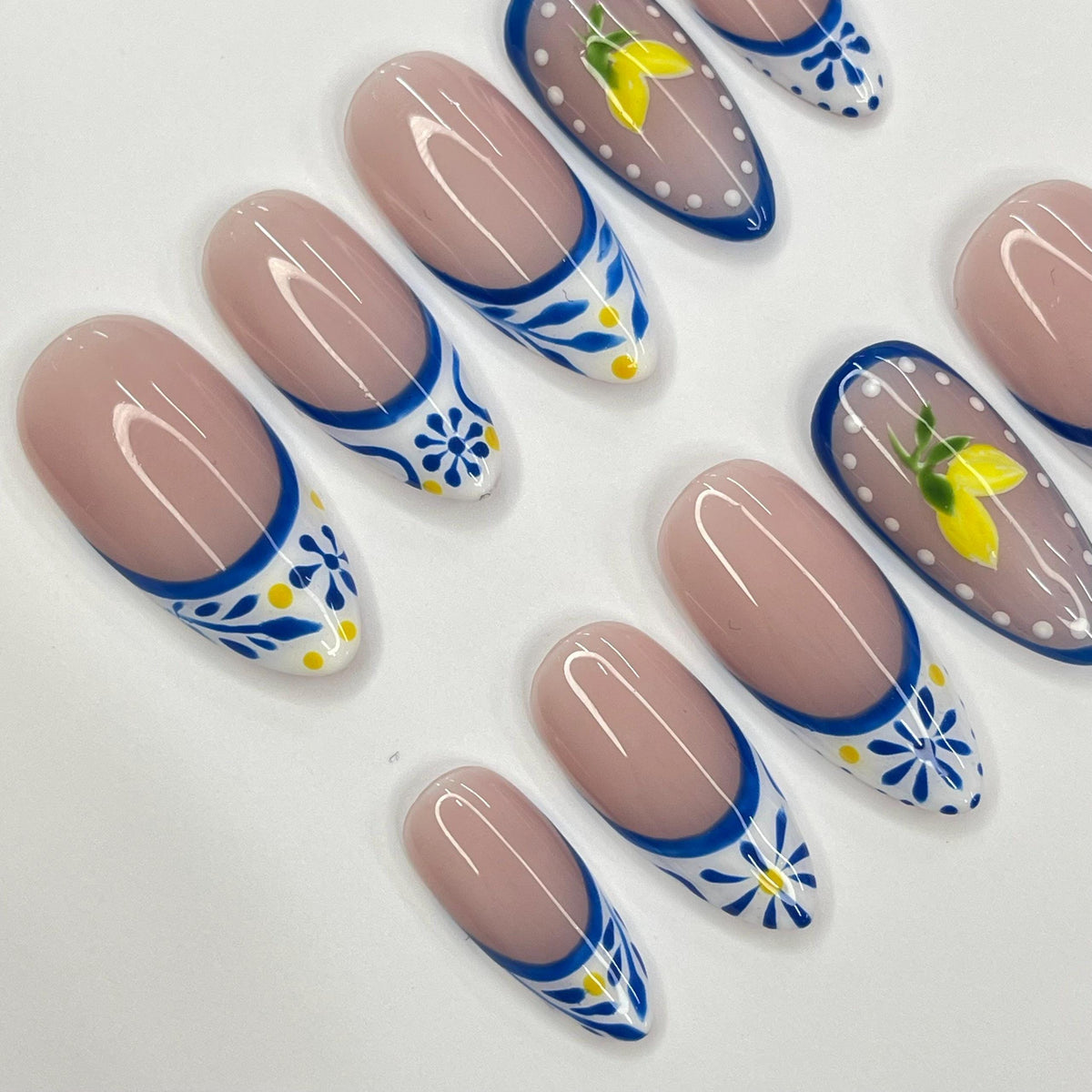 Summer Lemon French Tip Press-On Nails with Blue Flowers and Citrus Accents