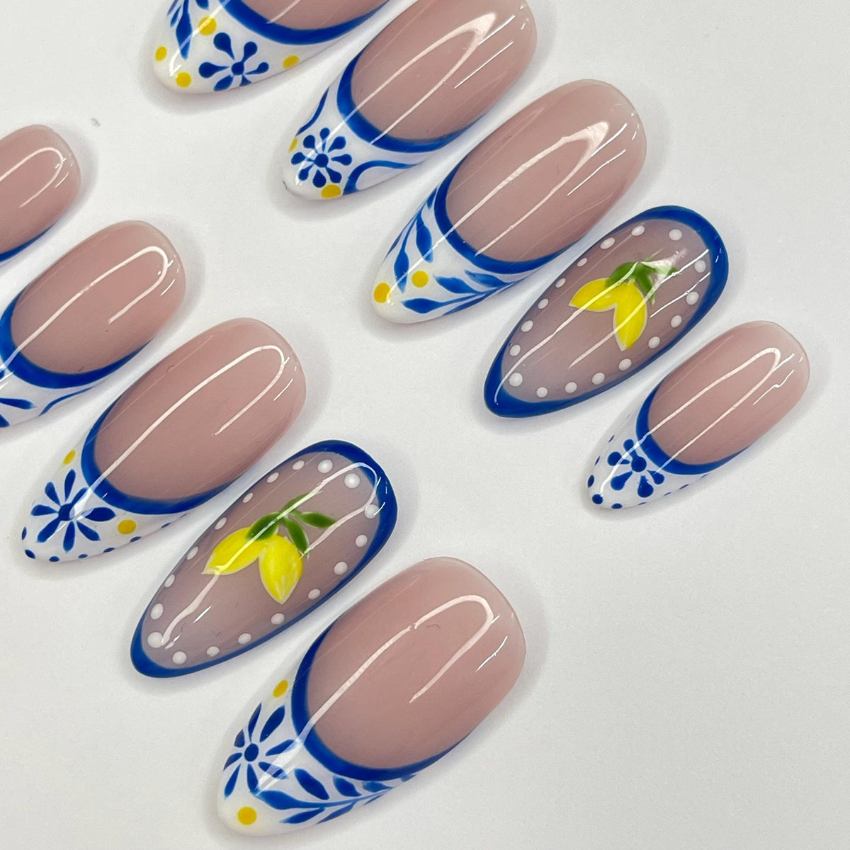 Summer Lemon French Tip Press-On Nails with Blue Flowers and Citrus Accents