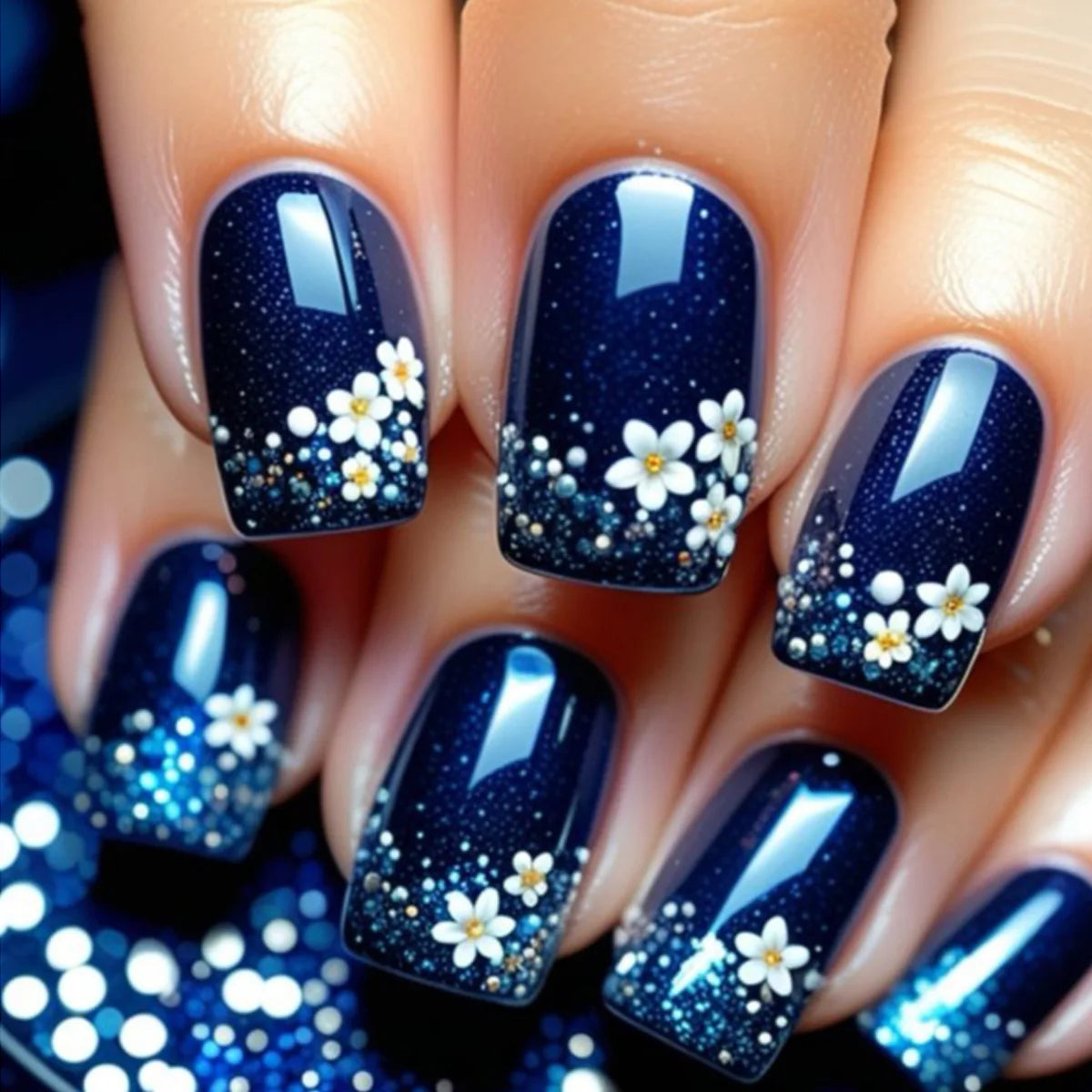 Summer Navy Blue Glitter Daisy Press-On Nail Set