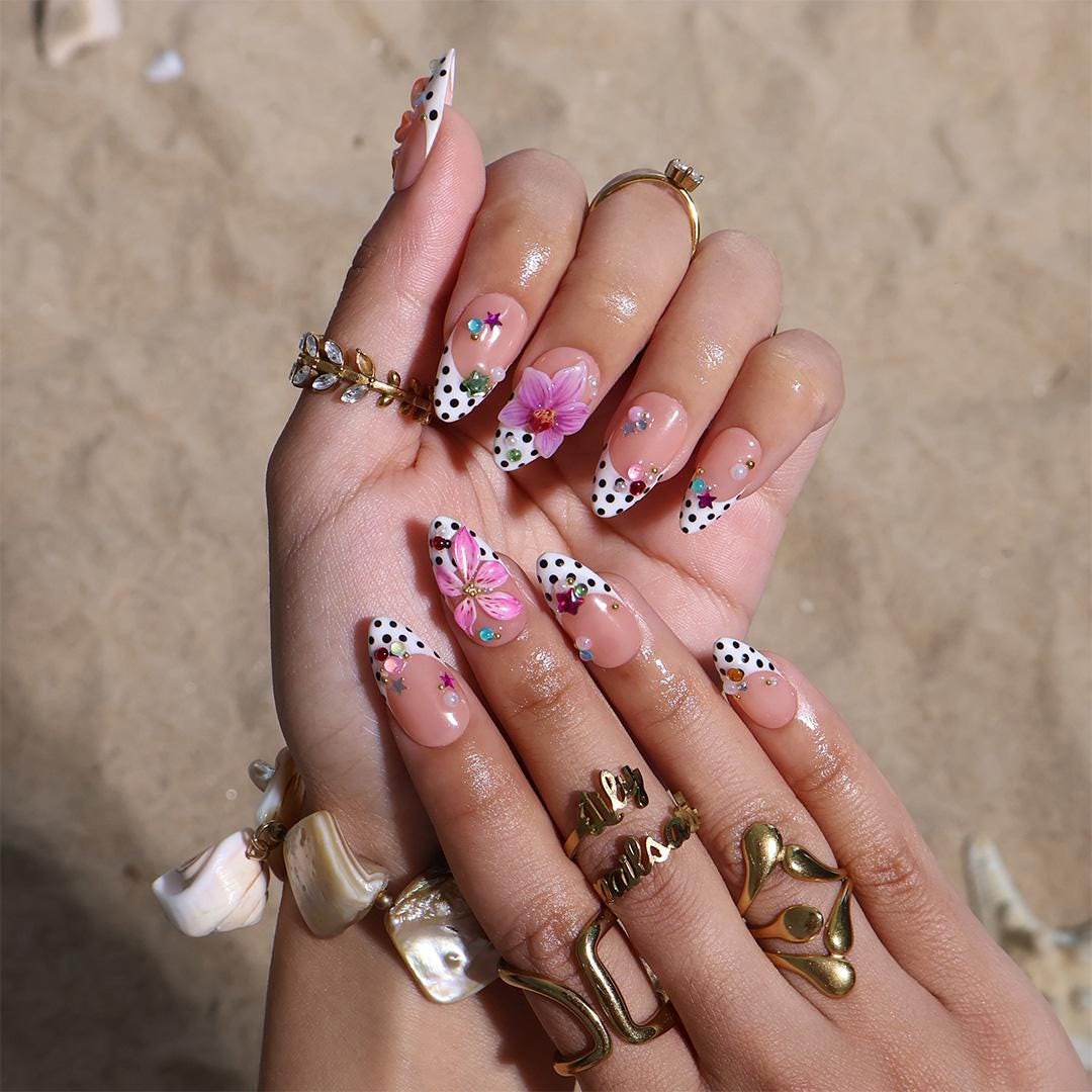 Summer Nude Pink Polka Dot French Tip Nails With Colorful Gems and Tropical Flowers