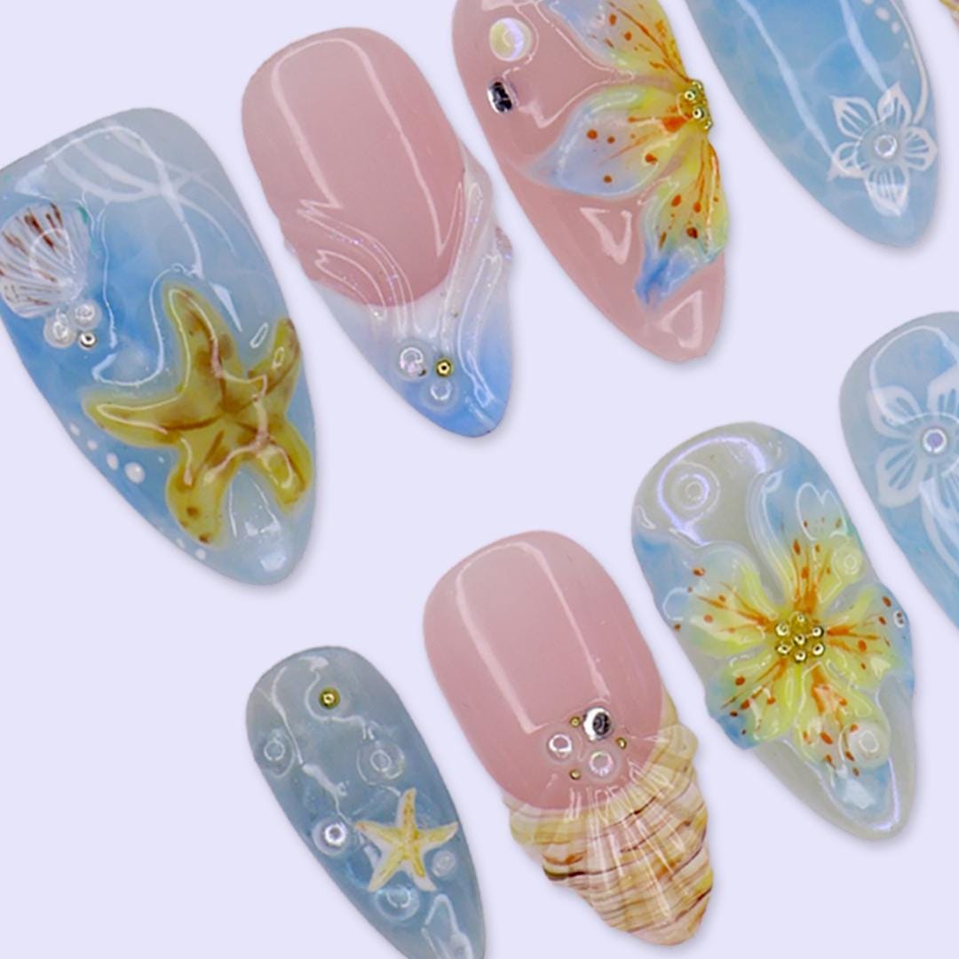 Summer Ocean Blue and Blush Pink Starfish, Shell & Floral Press On Nails