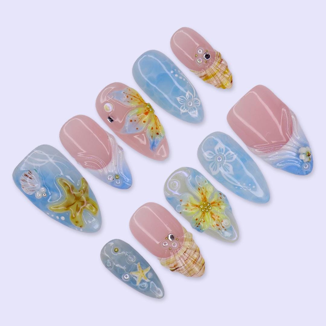 Summer Ocean Blue and Blush Pink Starfish, Shell & Floral Press On Nails