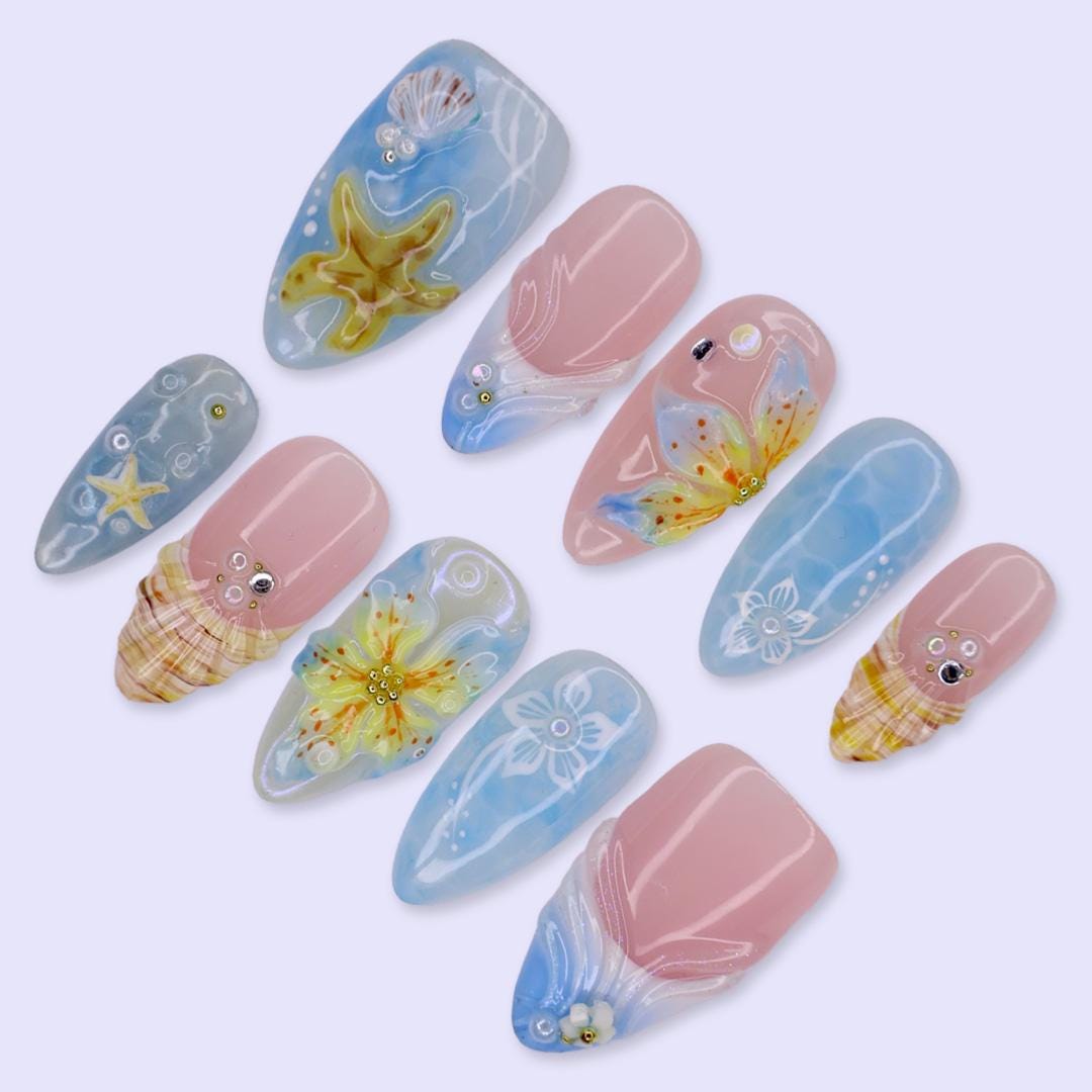 Summer Ocean Blue and Blush Pink Starfish, Shell & Floral Press On Nails
