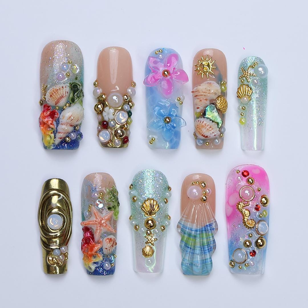 Summer Ocean Garden Press On Nails with Seashells, Starfish, 3D Flowers and Gold Charms