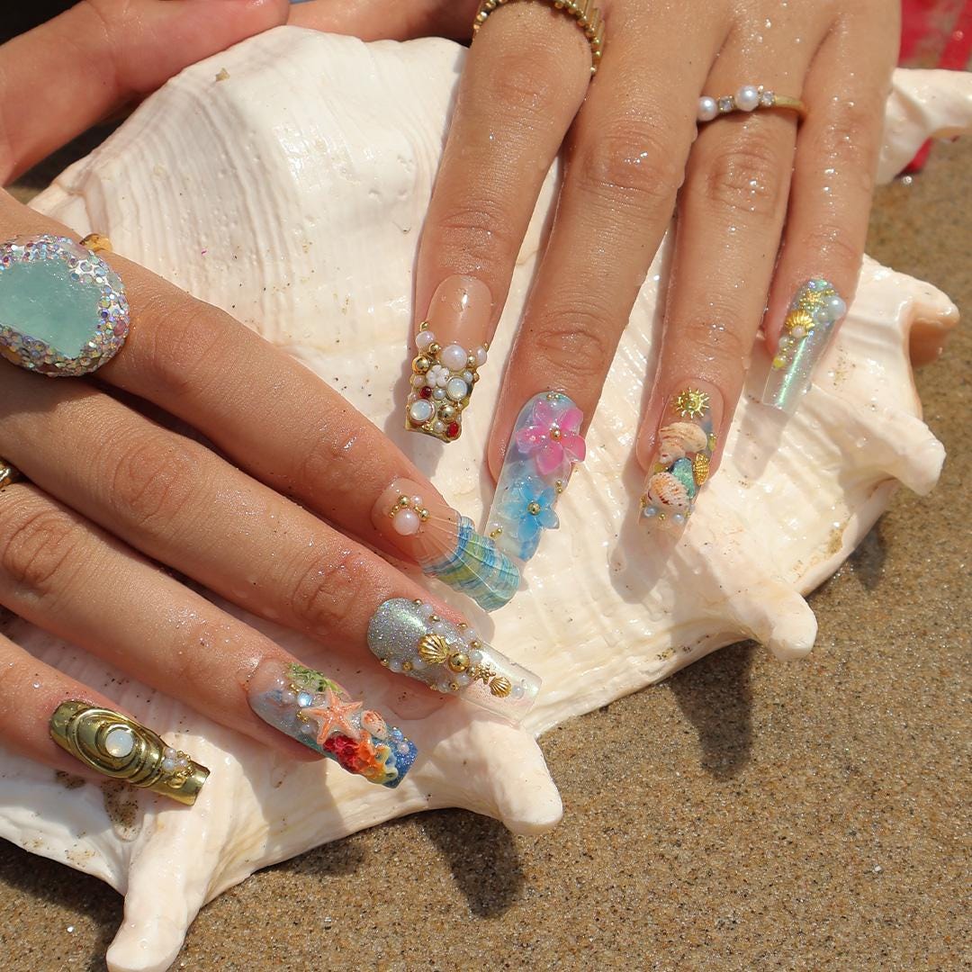 Summer Ocean Garden Press On Nails with Seashells, Starfish, 3D Flowers and Gold Charms