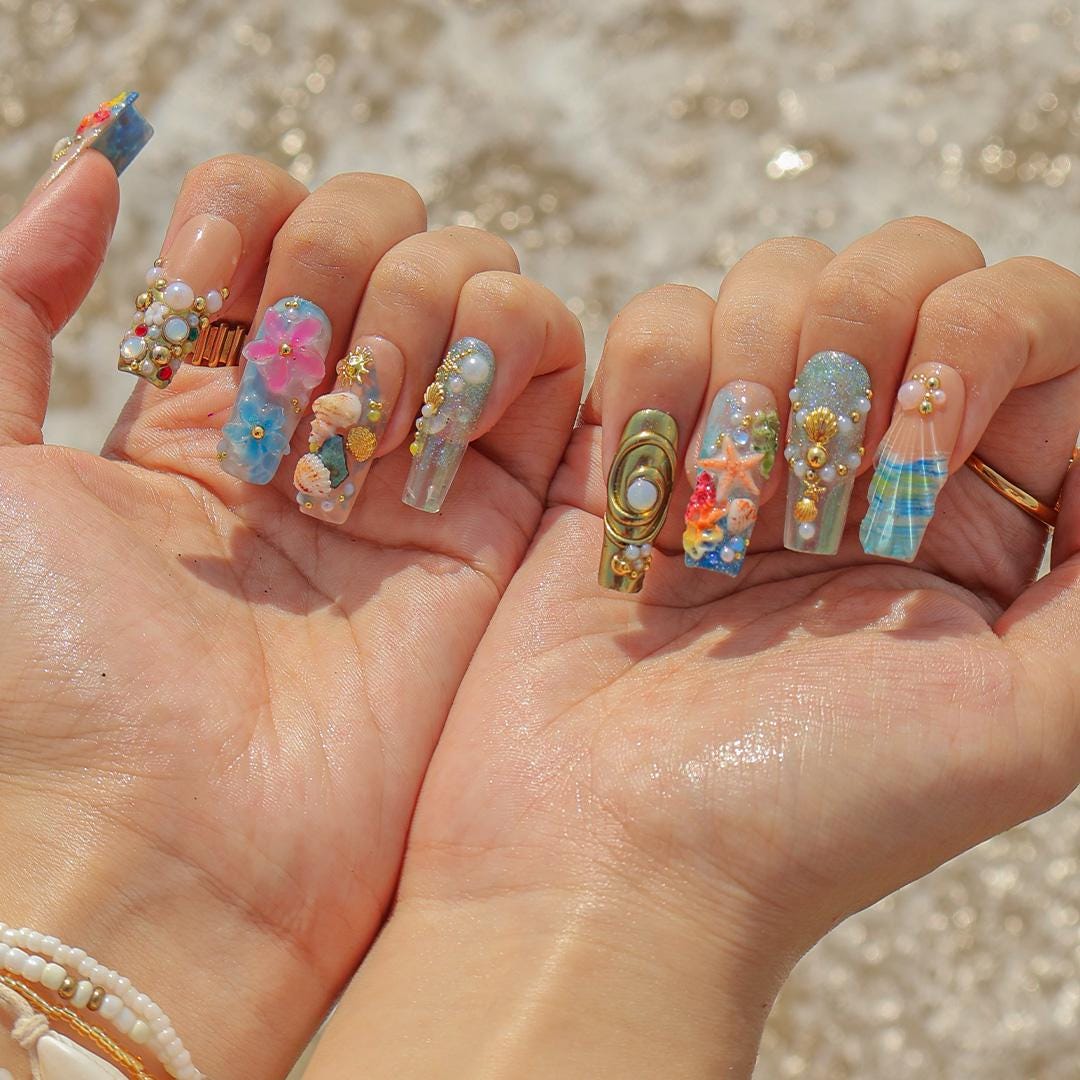 Summer Ocean Garden Press On Nails with Seashells, Starfish, 3D Flowers and Gold Charms