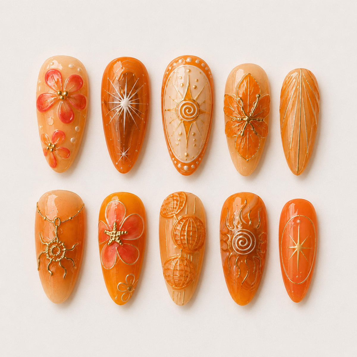 Summer Orange and Amber Celestial Nails with Gold Sunbursts and Raised Flowers