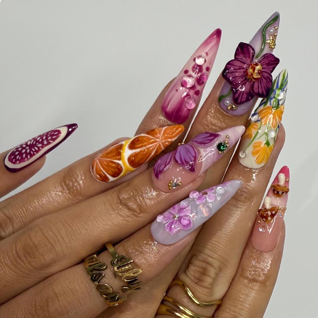 Summer Orchid, Fruit and Starfish Nail Set with 3D Florals