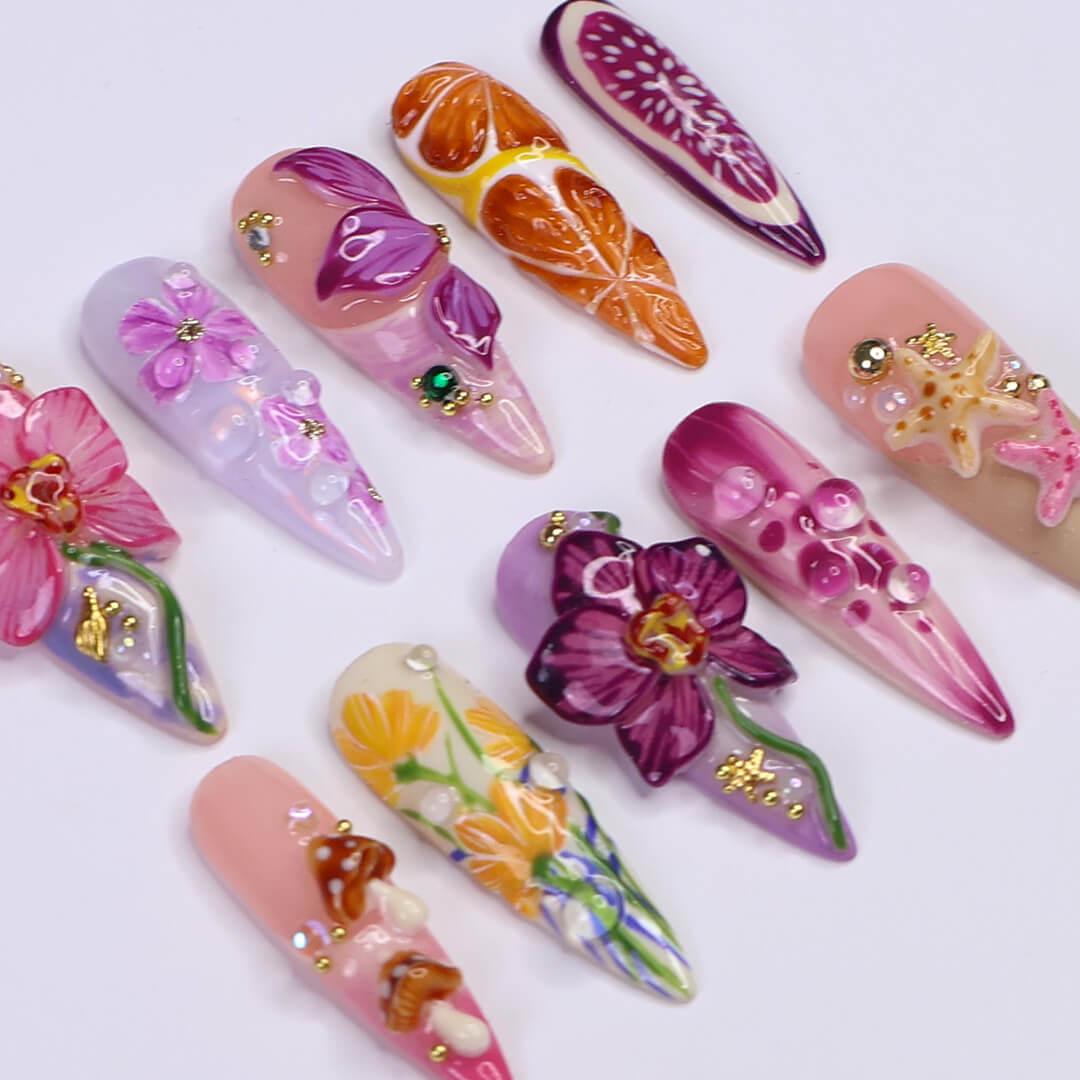 Summer Orchid, Fruit and Starfish Nail Set with 3D Florals
