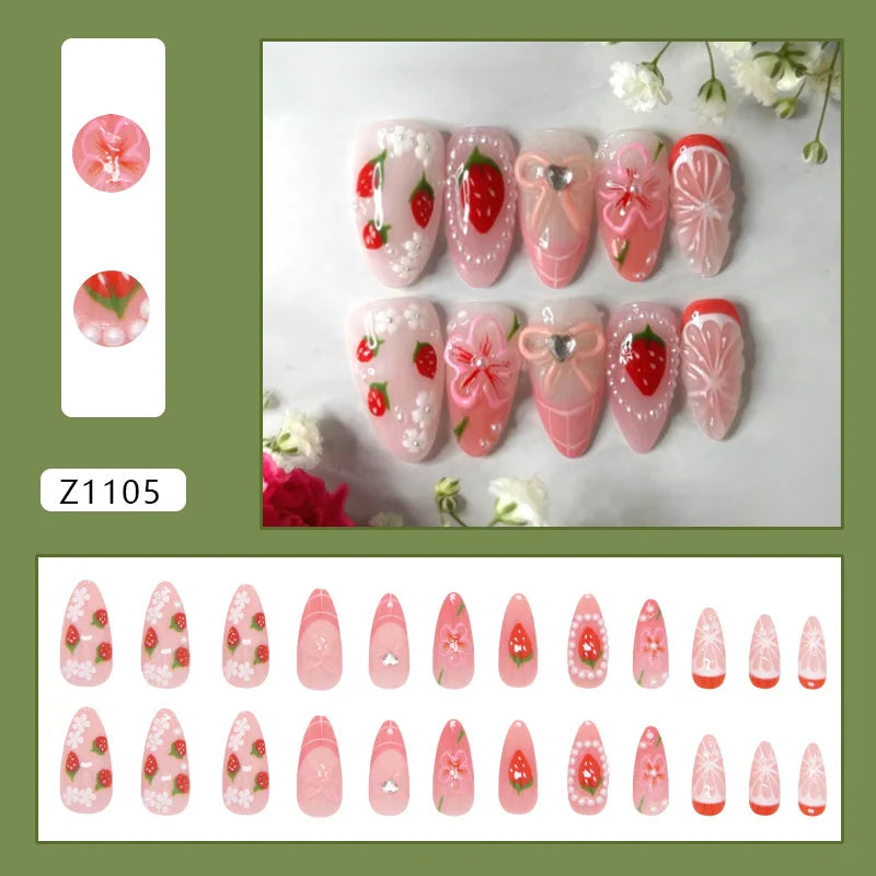 Summer Pink and Red Strawberry Flower Press On Nails with 3D Details