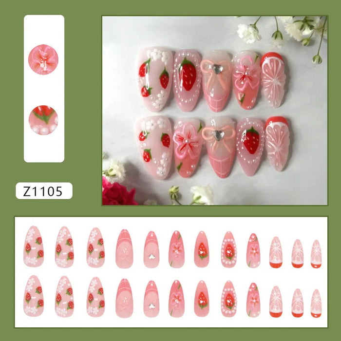 Summer Pink and Red Strawberry Flower Press On Nails with 3D Details