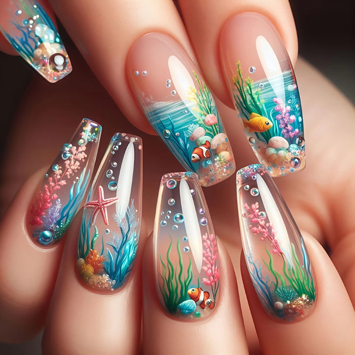 Summer Rainbow Reef Press-On Nails with Turquoise Ocean Scenes and Sparkling Stones