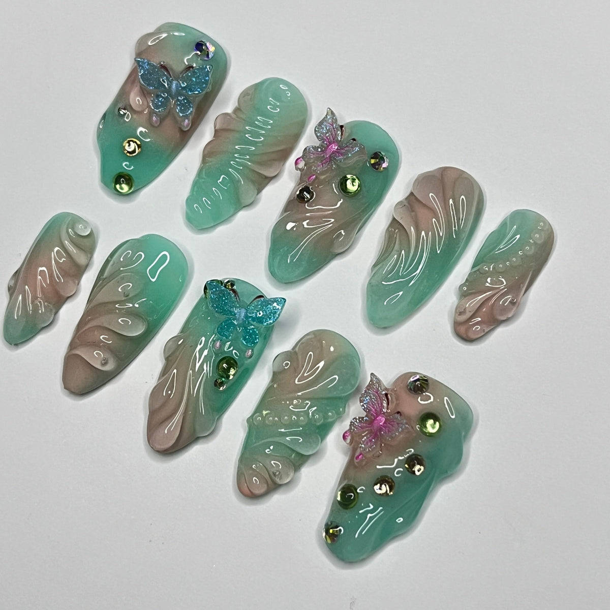Summer Seafoam and Teal Aura Butterfly Press-On Nail Set