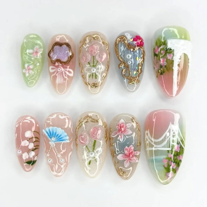 Summer Seashell Pearl Floral Press On Nails With Gold Details
