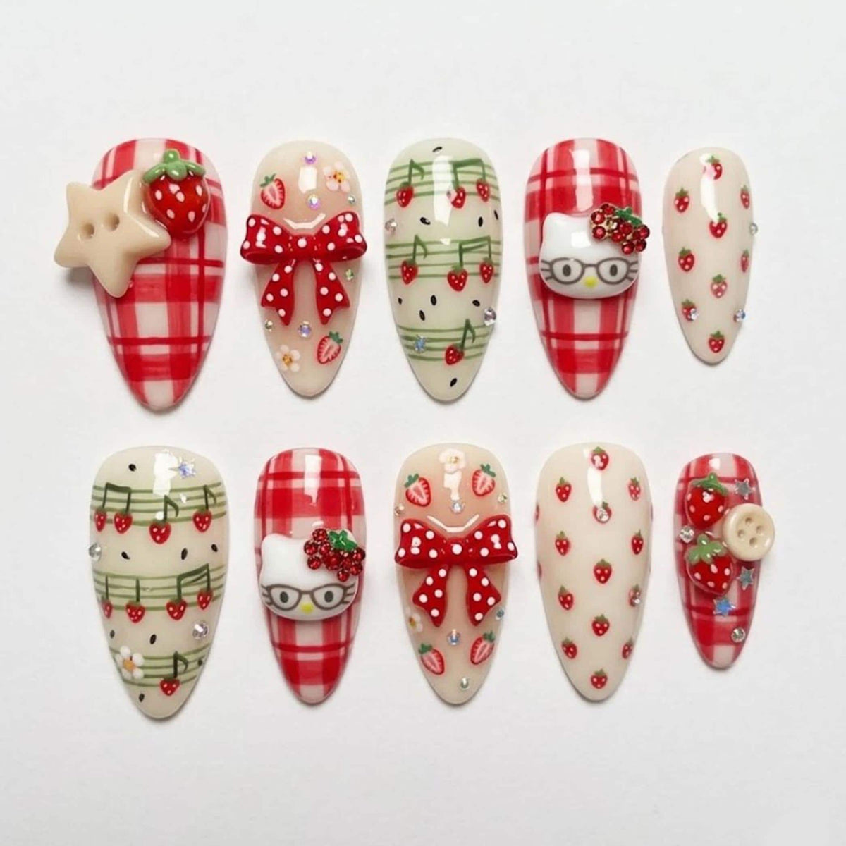 Summer Strawberry Plaid Press-On Nails With 3D Polka-Dot Bows