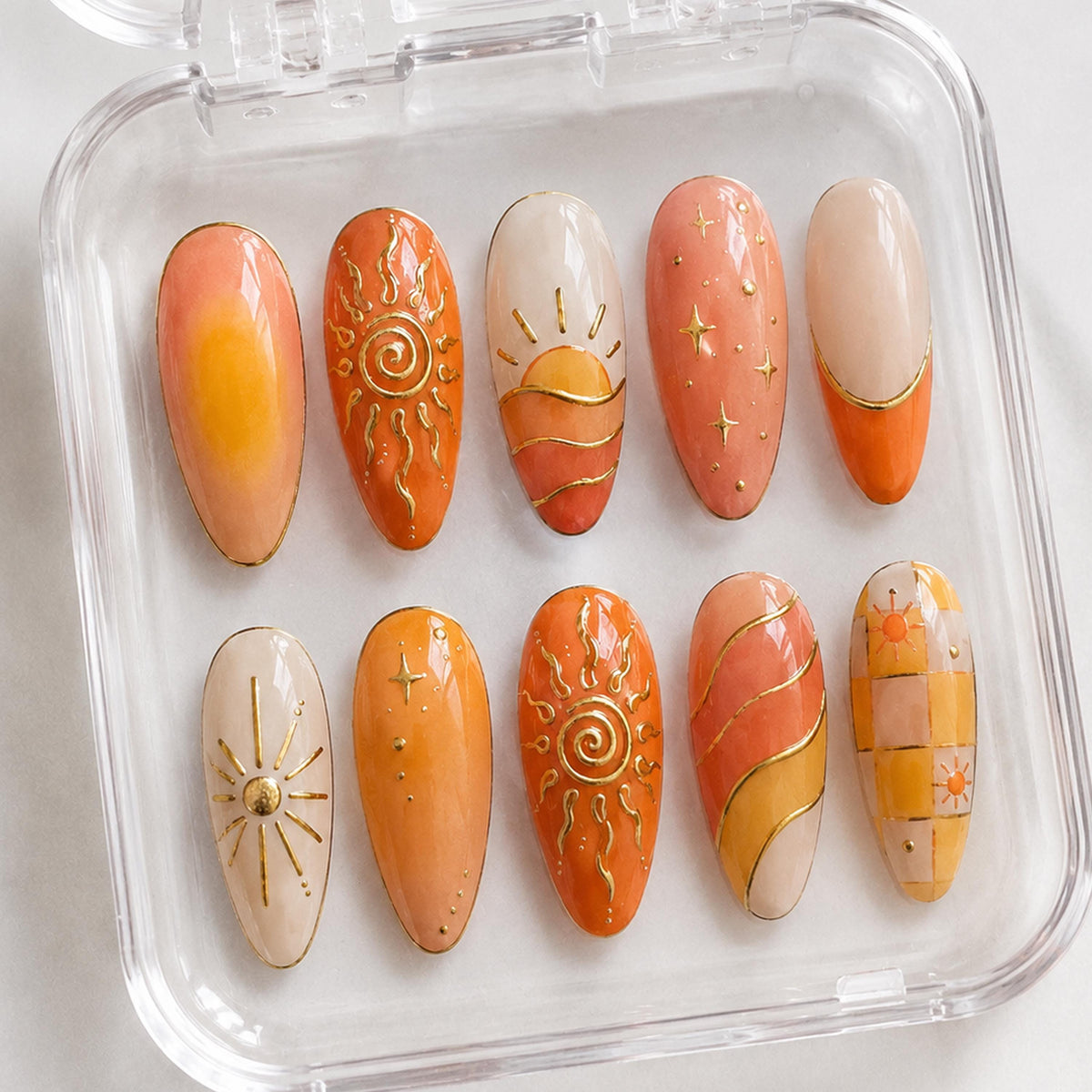 Summer Sunset Sunburst Press On Nails With Gold Stars and Checkerboard Art