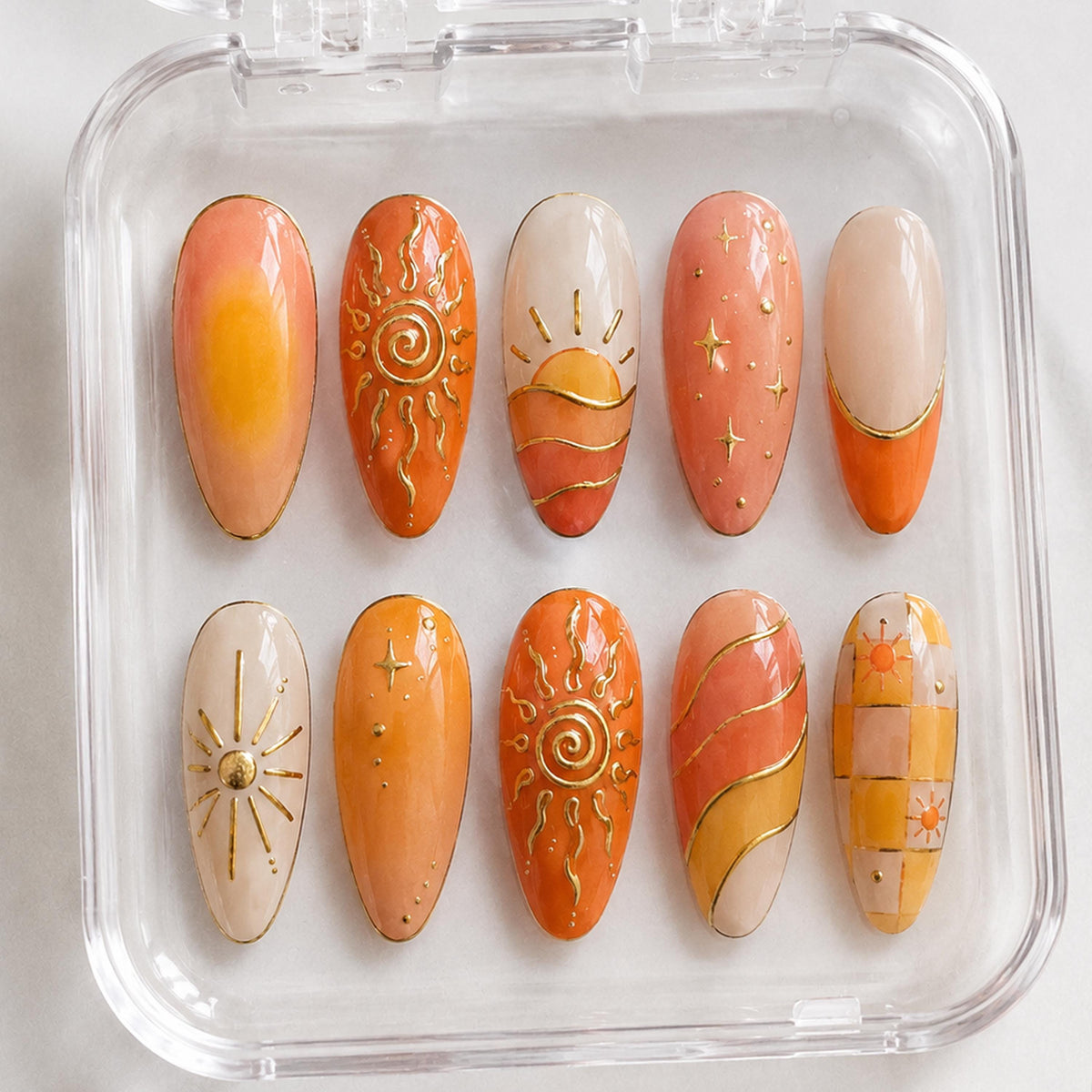 Summer Sunset Sunburst Press On Nails With Gold Stars and Checkerboard Art