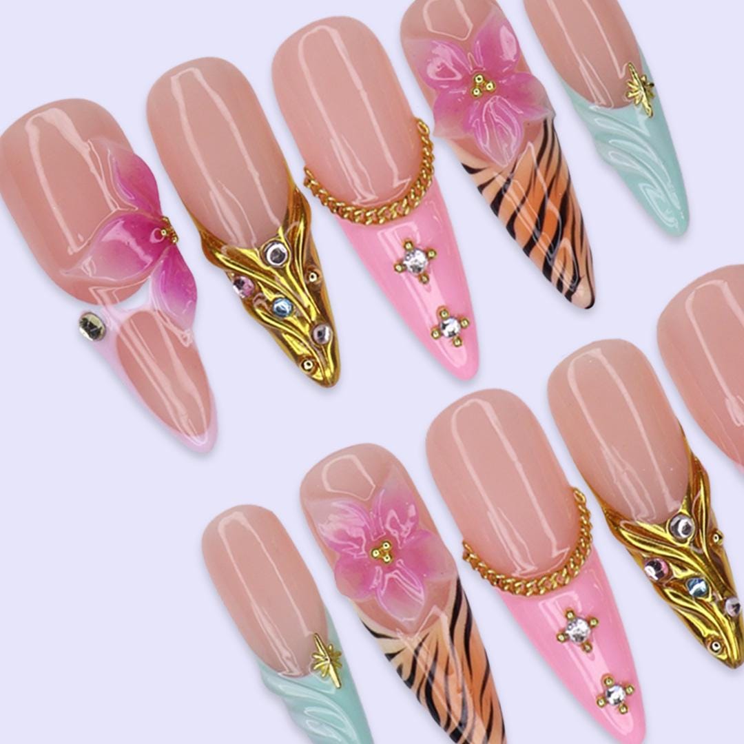 Summer Tropical Flower Nails With Zebra Stripes, Aqua Waves and Gold Details