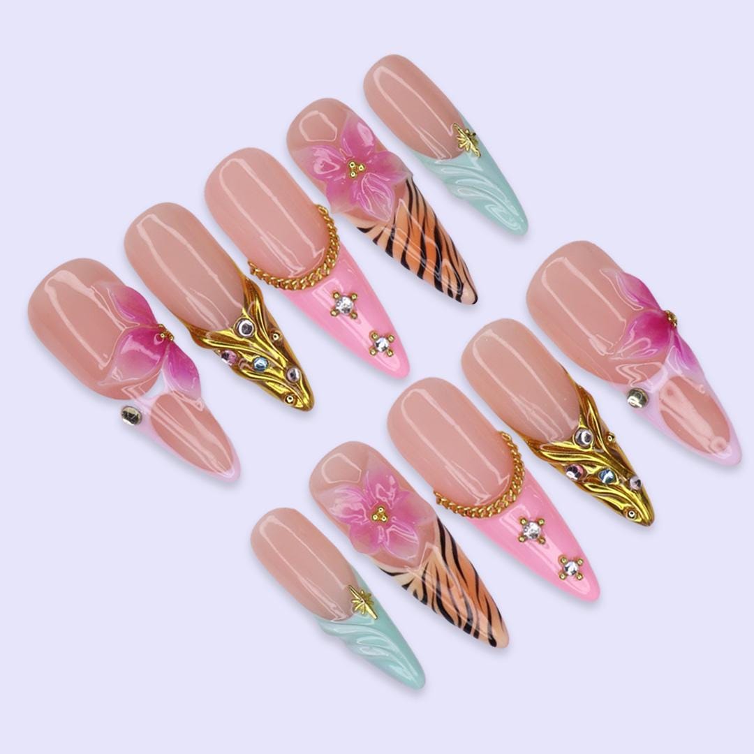 Summer Tropical Flower Nails With Zebra Stripes, Aqua Waves and Gold Details