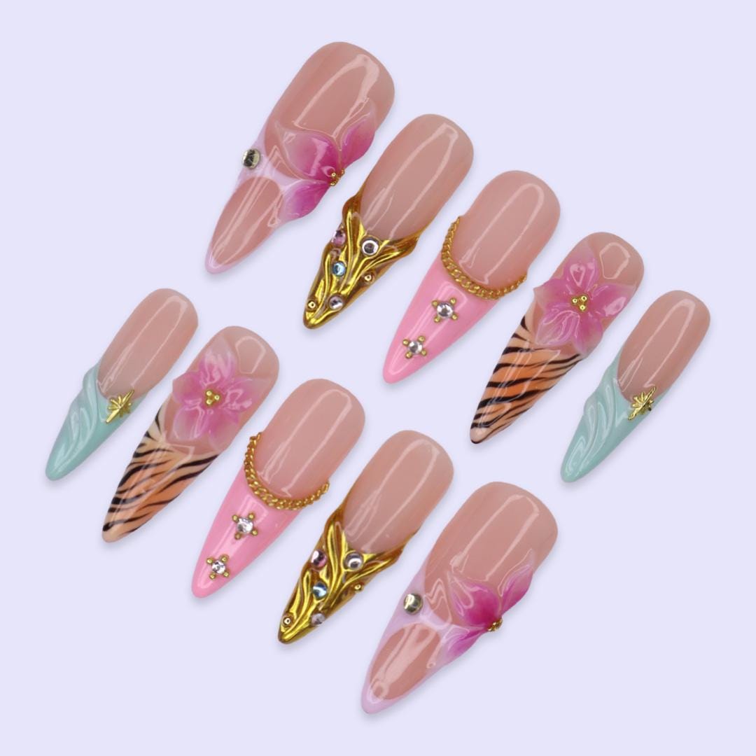 Summer Tropical Flower Nails With Zebra Stripes, Aqua Waves and Gold Details