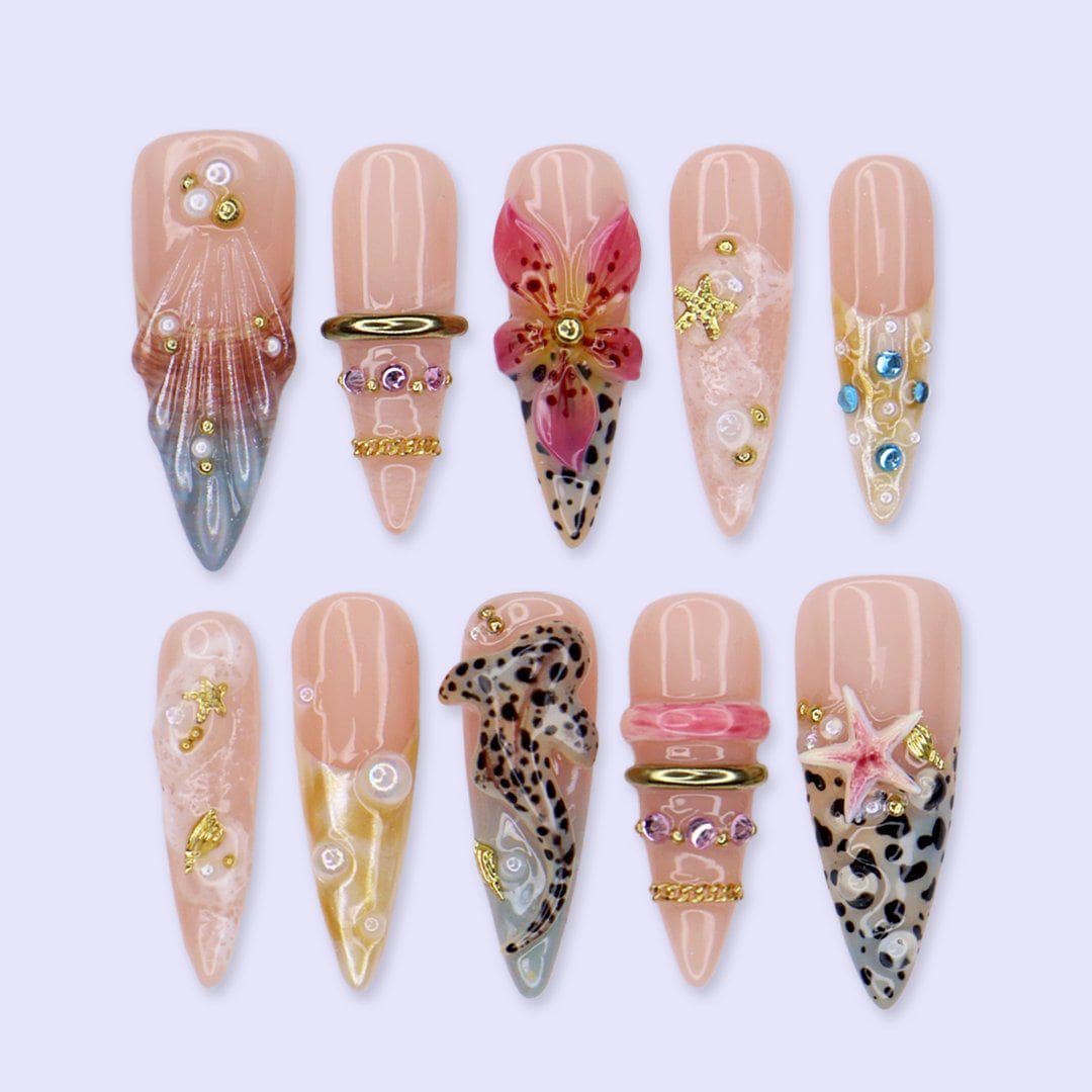 Summer Tropical Leopard Print Press-On Nails With Pink Flowers, Starfish and Gold Details