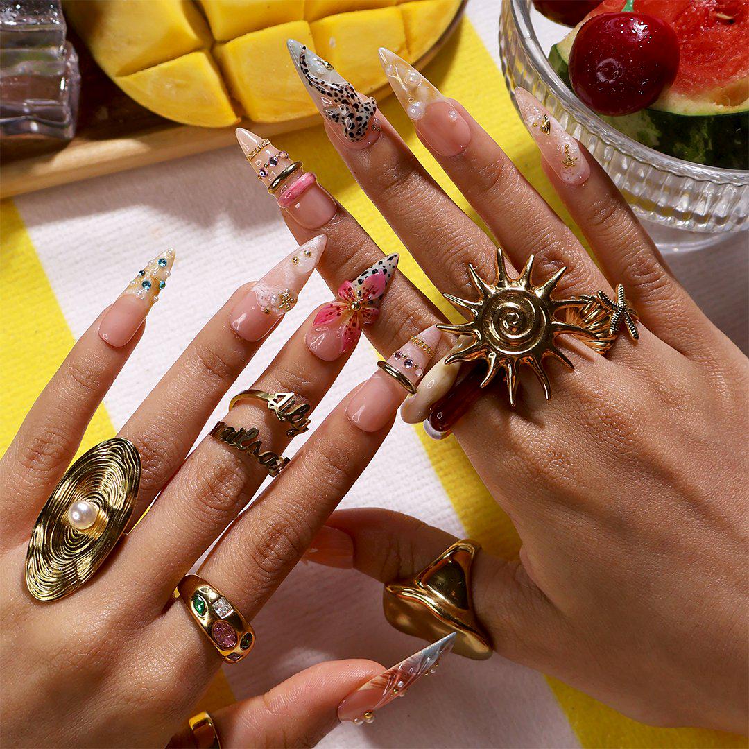 Summer Tropical Leopard Print Press-On Nails With Pink Flowers, Starfish and Gold Details