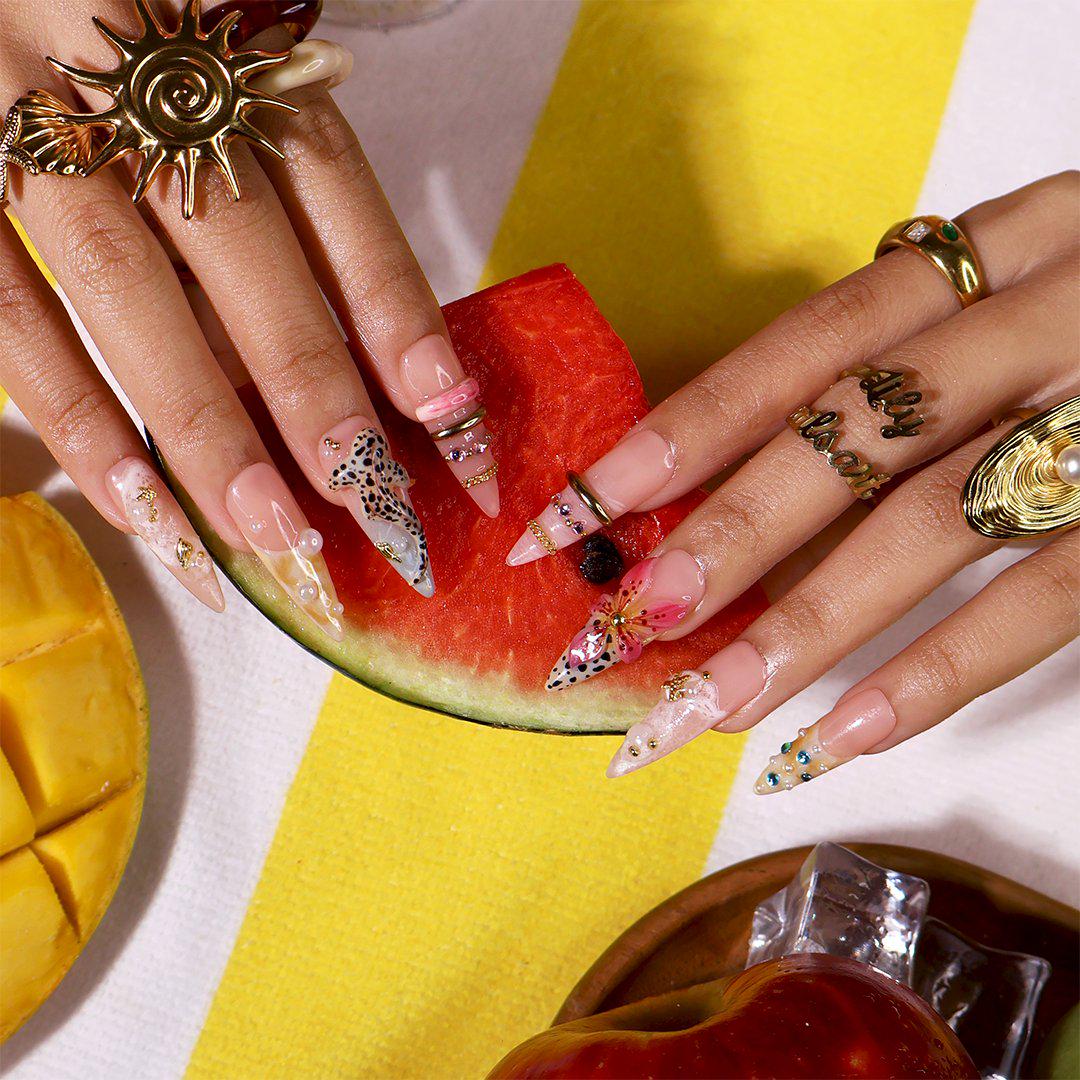 Summer Tropical Leopard Print Press-On Nails With Pink Flowers, Starfish and Gold Details