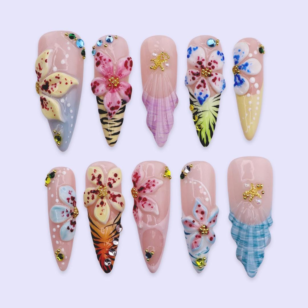 Summer Tropical Pink Press On Nails With 3D Flowers, Shell-Like Tips And Rhinestones