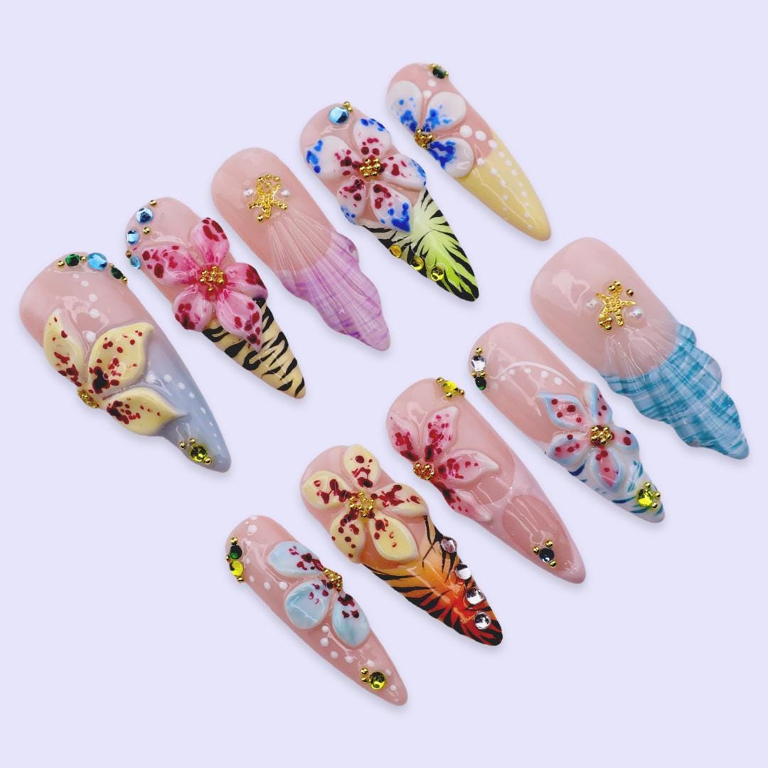 Summer Tropical Pink Press On Nails With 3D Flowers, Shell-Like Tips And Rhinestones