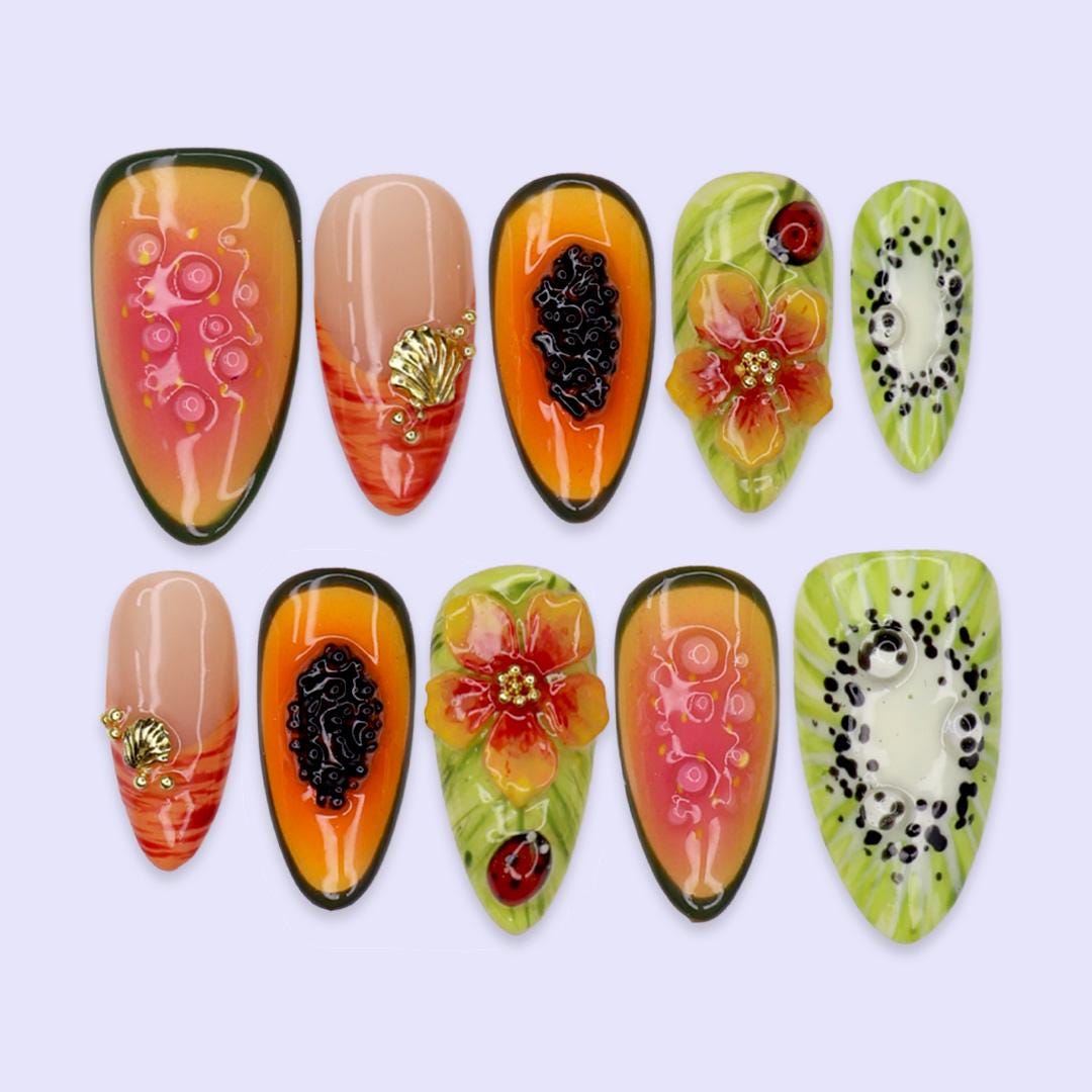Summer Vacation Tropical Fruit and Flower Nail Set With Kiwi, Papaya, Shell Charms, and Ladybugs