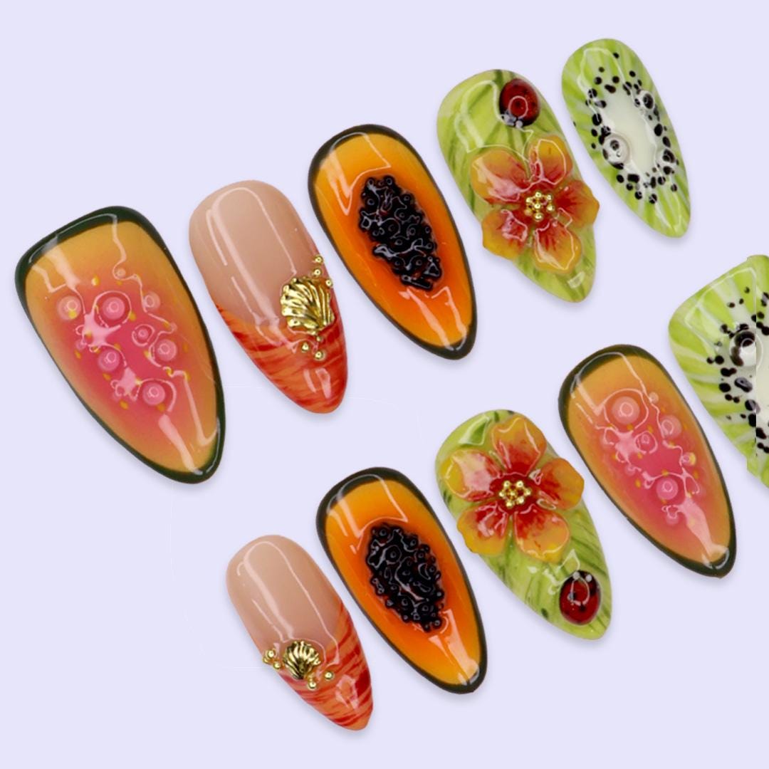Summer Vacation Tropical Fruit and Flower Nail Set With Kiwi, Papaya, Shell Charms, and Ladybugs