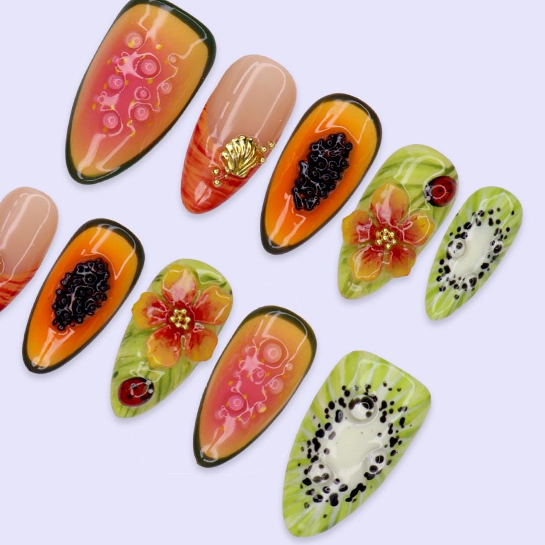 Summer Vacation Tropical Fruit and Flower Nail Set With Kiwi, Papaya, Shell Charms, and Ladybugs