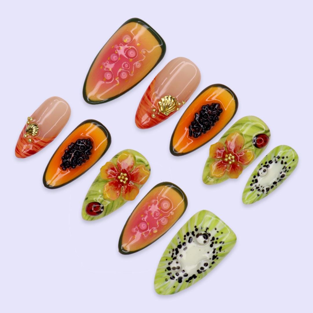 Summer Vacation Tropical Fruit and Flower Nail Set With Kiwi, Papaya, Shell Charms, and Ladybugs
