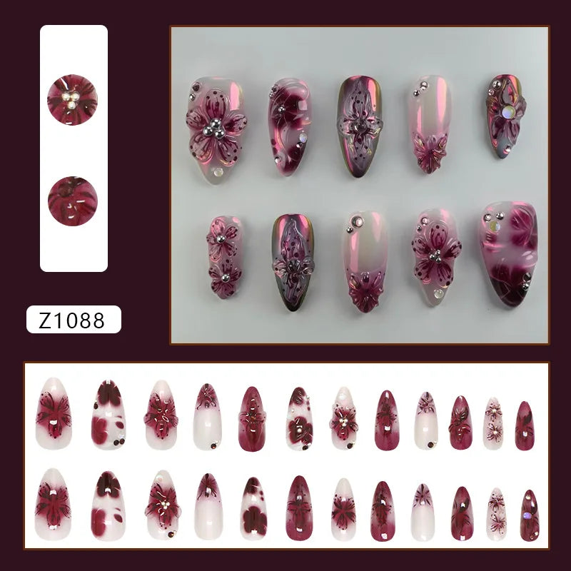 Summer Wine Red and Blush Pink Marble Floral Nails with 3D Flowers and Rhinestones