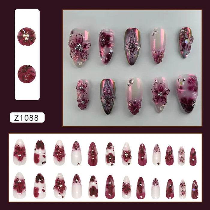 Summer Wine Red and Blush Pink Marble Floral Press On Nails with 3D Flowers and Rhinestones