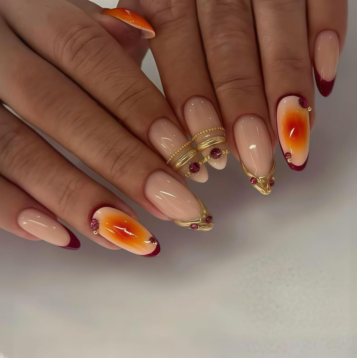 Sunset Amber Gradient Press-On Nails With Burgundy Tips, Gold Filigree and Ruby Gems for Festivals
