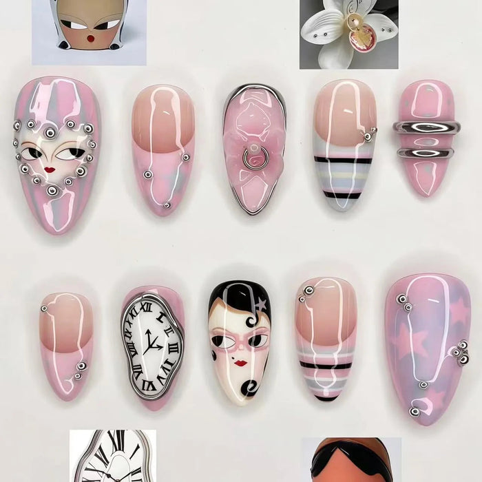 Surreal Face and Roman Numeral Clock Press-On Nail Set