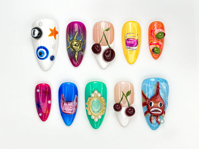 Surreal Pop Art Press-On Nails With Cherry, Cocktail, Evil Eye and Sculpted Motifs