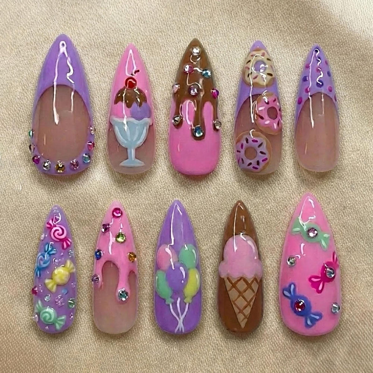 Sweet Treats Press-On Nail Set with Ice Cream, Donuts, Candy, and Rhinestones