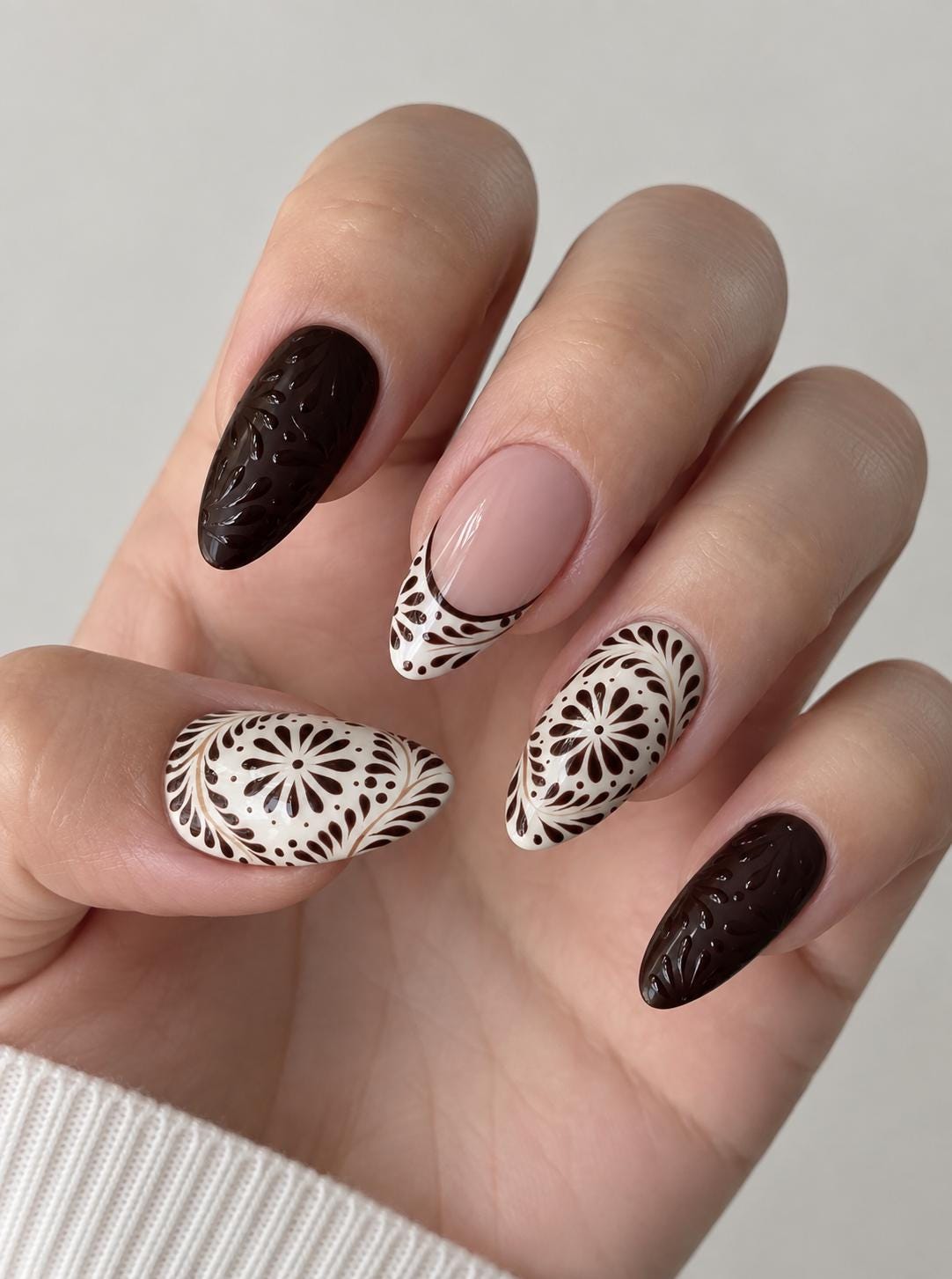 Talavera-Inspired Floral Press On Nails in Cream and Chocolate Brown