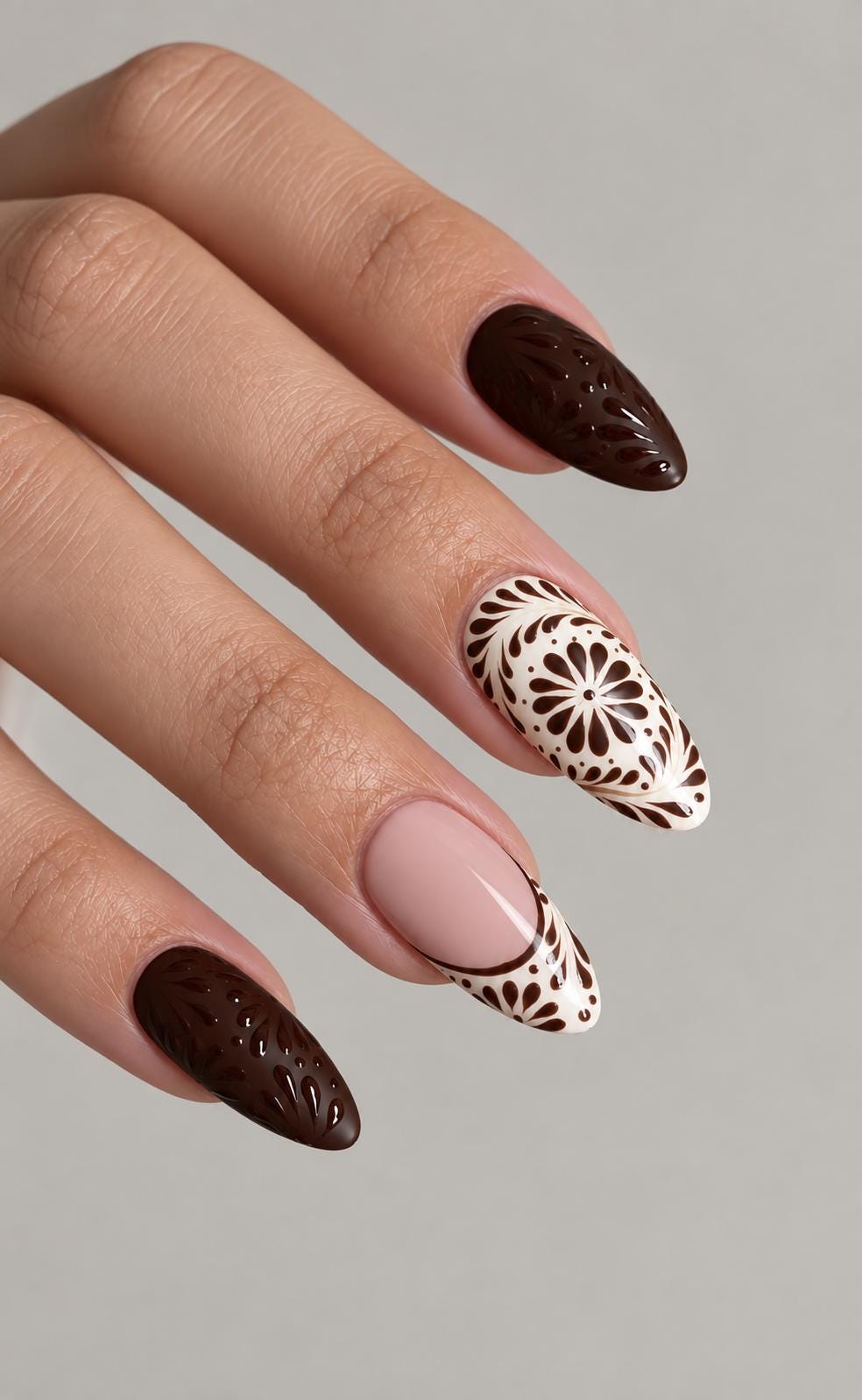 Talavera-Inspired Floral Press On Nails in Cream and Chocolate Brown