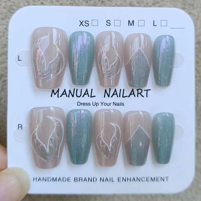 Taupe and Teal Mermaid Shimmer Press On Nails with White Shell-Inspired Line Art