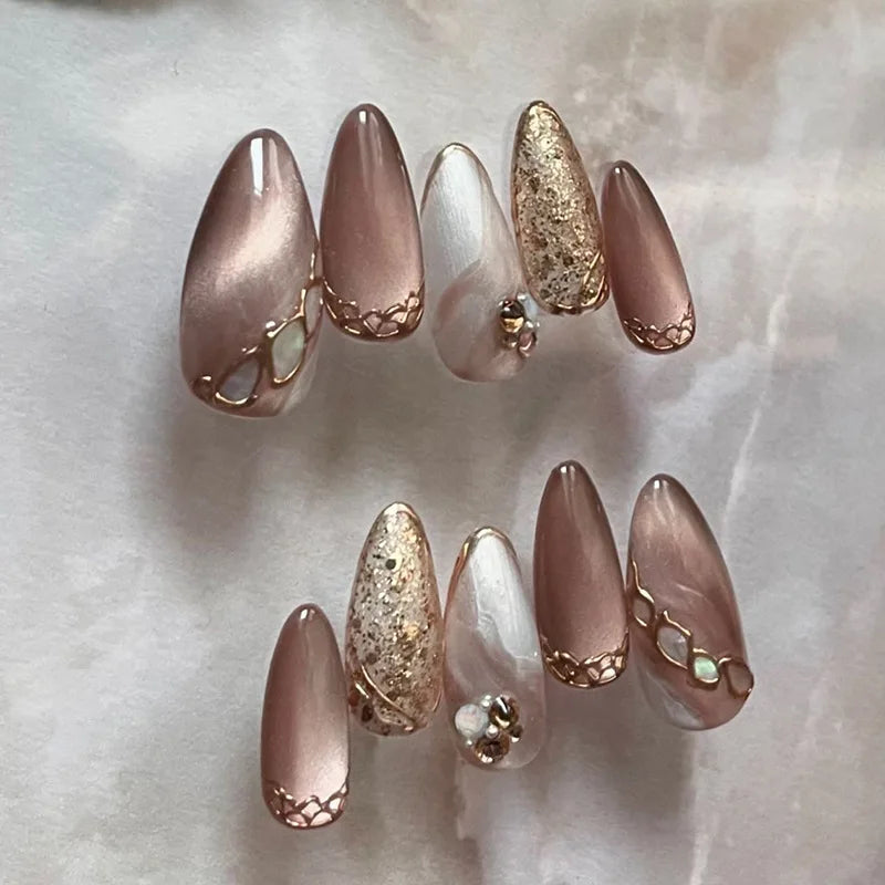Taupe Mauve and Pearly White Nails with Rose Gold Details
